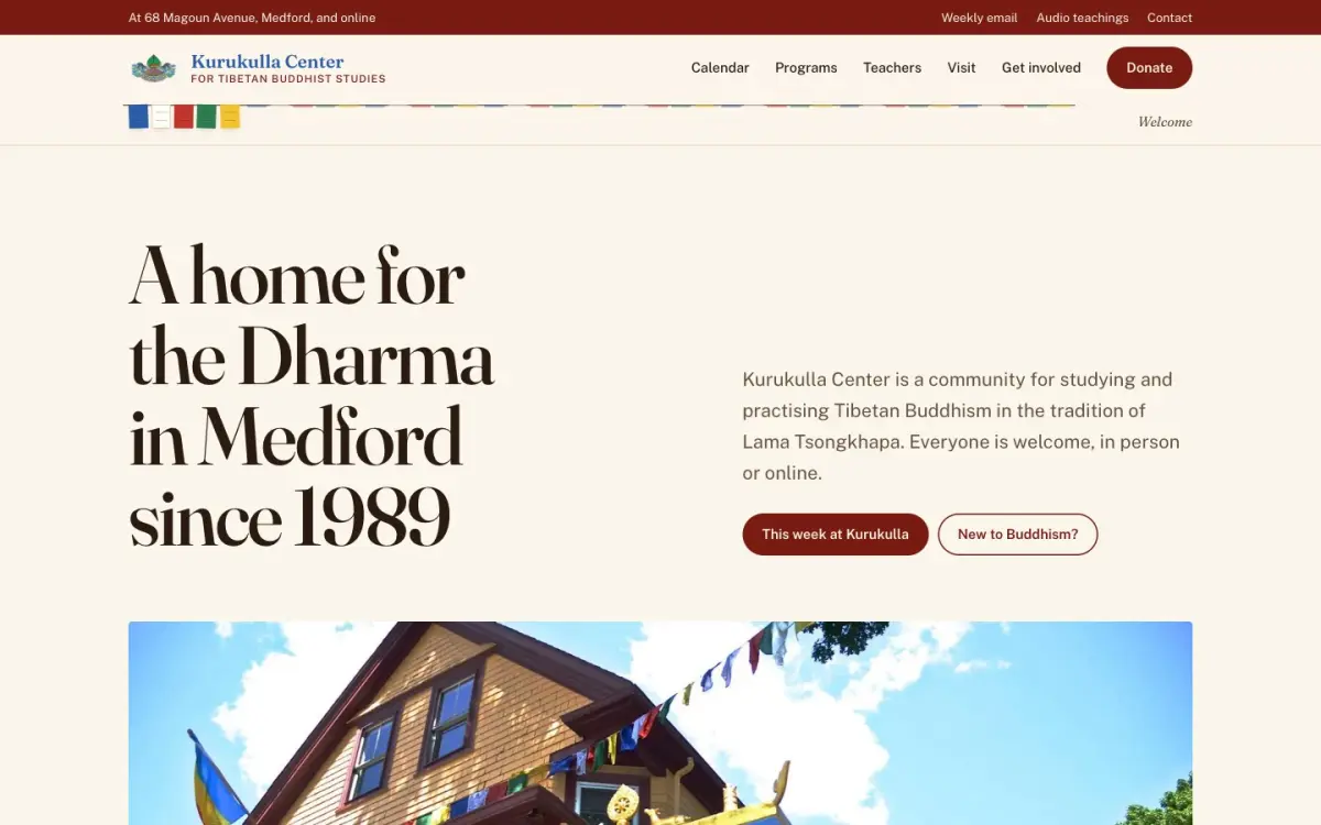 Direction A homepage: cream paper, maroon, a serif headline and the yellow house