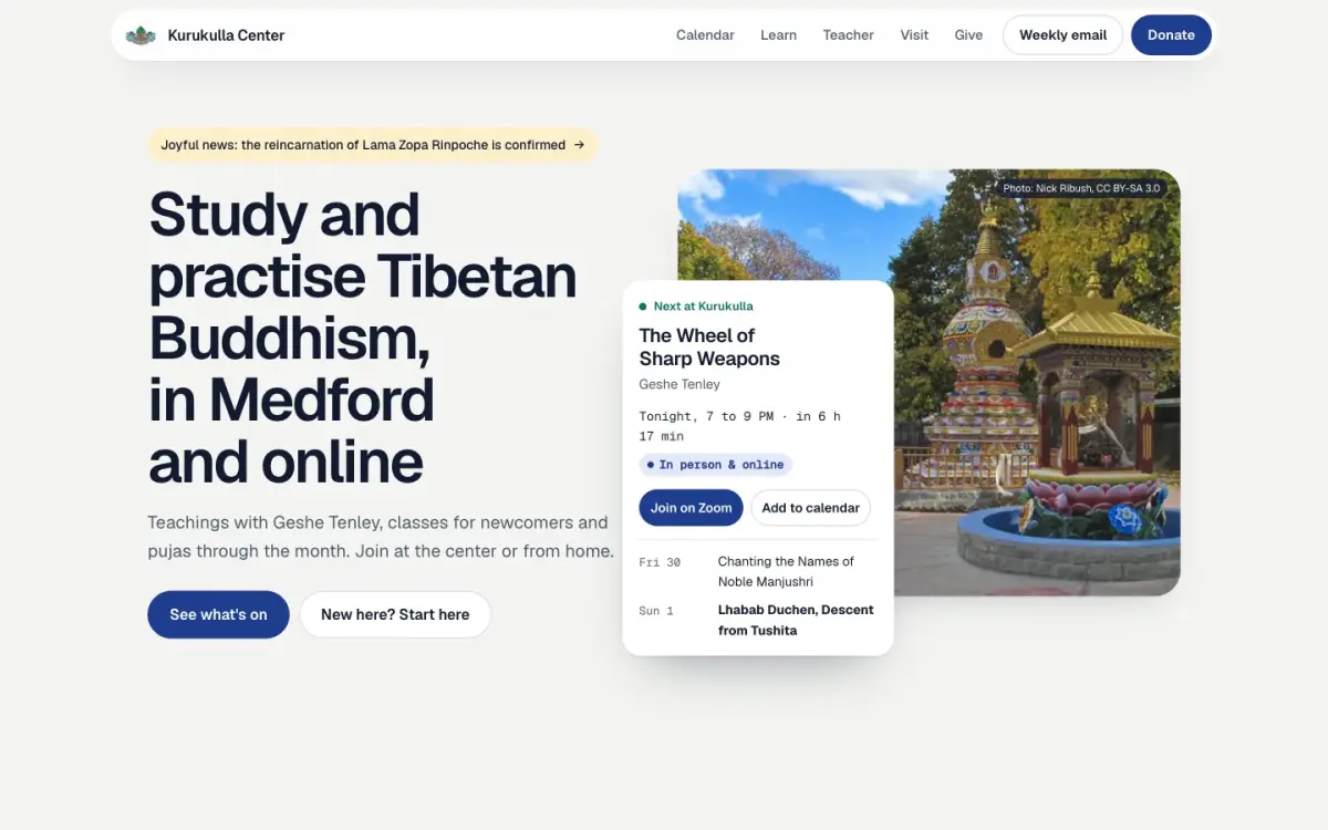 Direction B homepage: light and clear, lapis blue, a live card showing the next event over the stupa garden