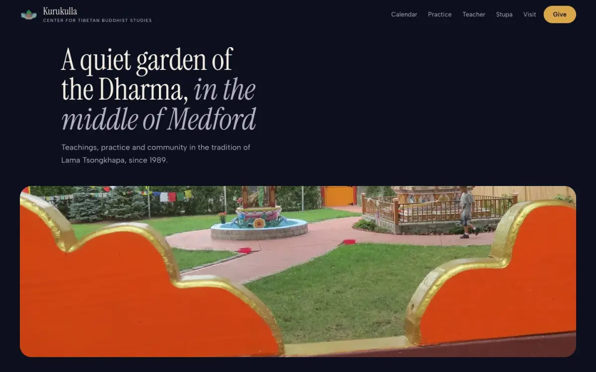 Direction C homepage: deep night blue, a serif headline and the stupa garden seen through an orange cloud window